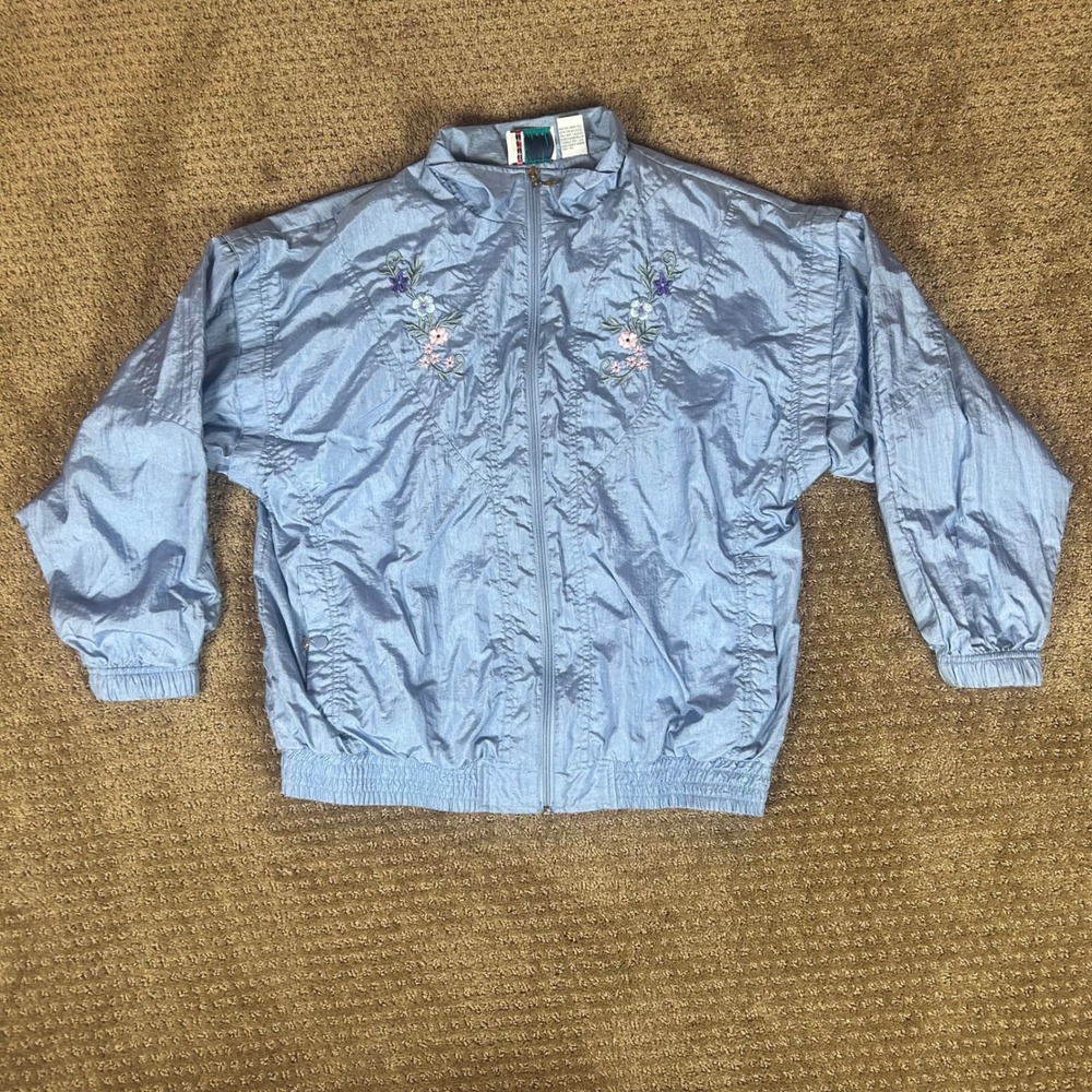Bold Spirit Windbreaker Jacket Womens Large‎ Blue Floral Embroidered Vintage 90s